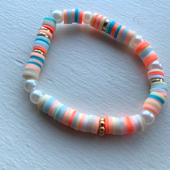 Bohemian clay bead braclet colorful stretch gold tone rings white pearls - Picture 5 of 11